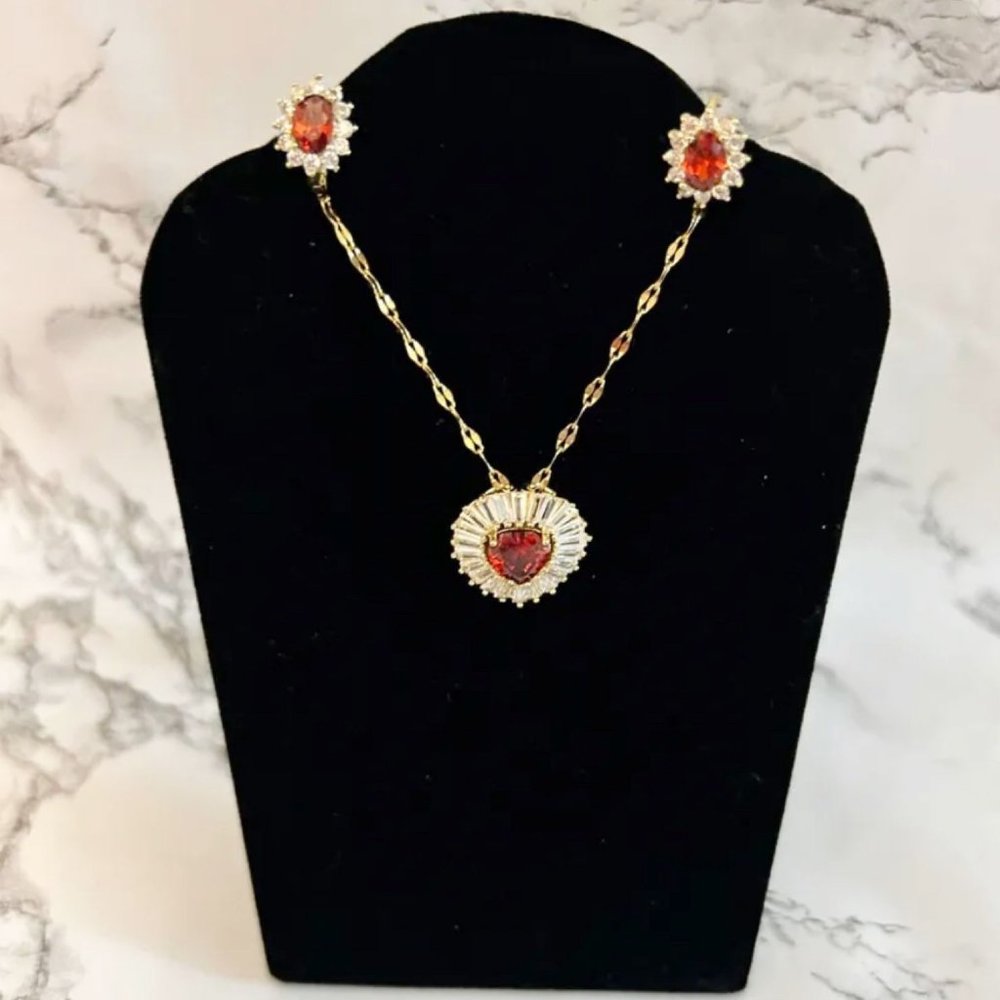 SOLD- Cubic Zirconia Red Necklace And Earrings Set